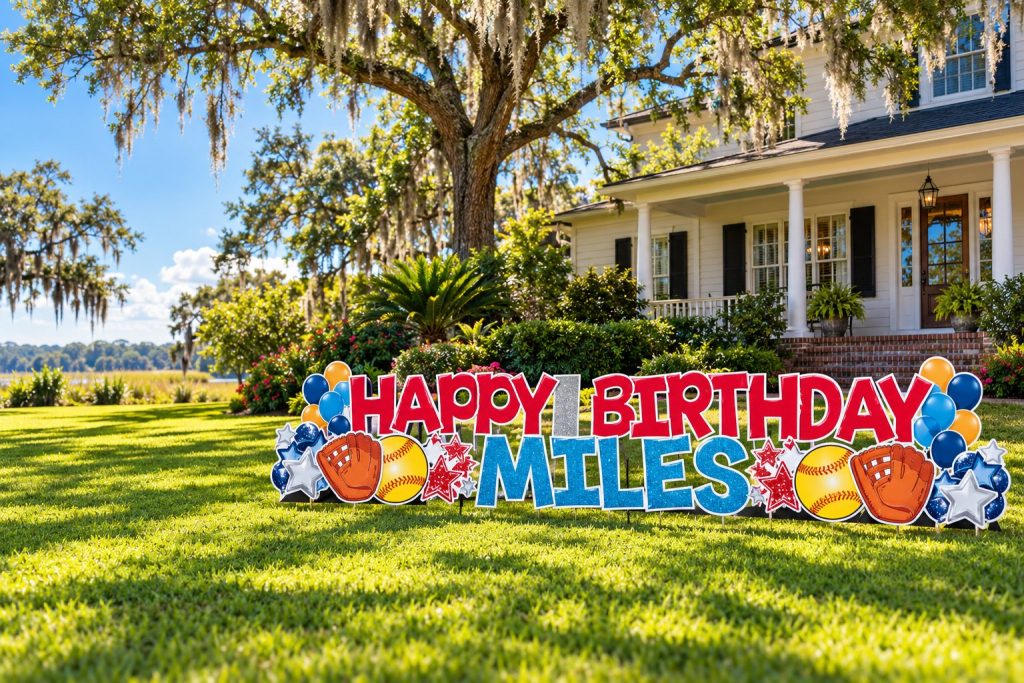 Lawn Chatter Happy Birthday yard sign with softball and balloon graphics in front of a Southern home
